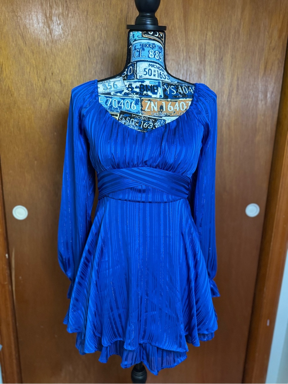 Evolutionary Apparel Blue Striped Square Neck Long Sleeve Fit & Flare Dress, XS